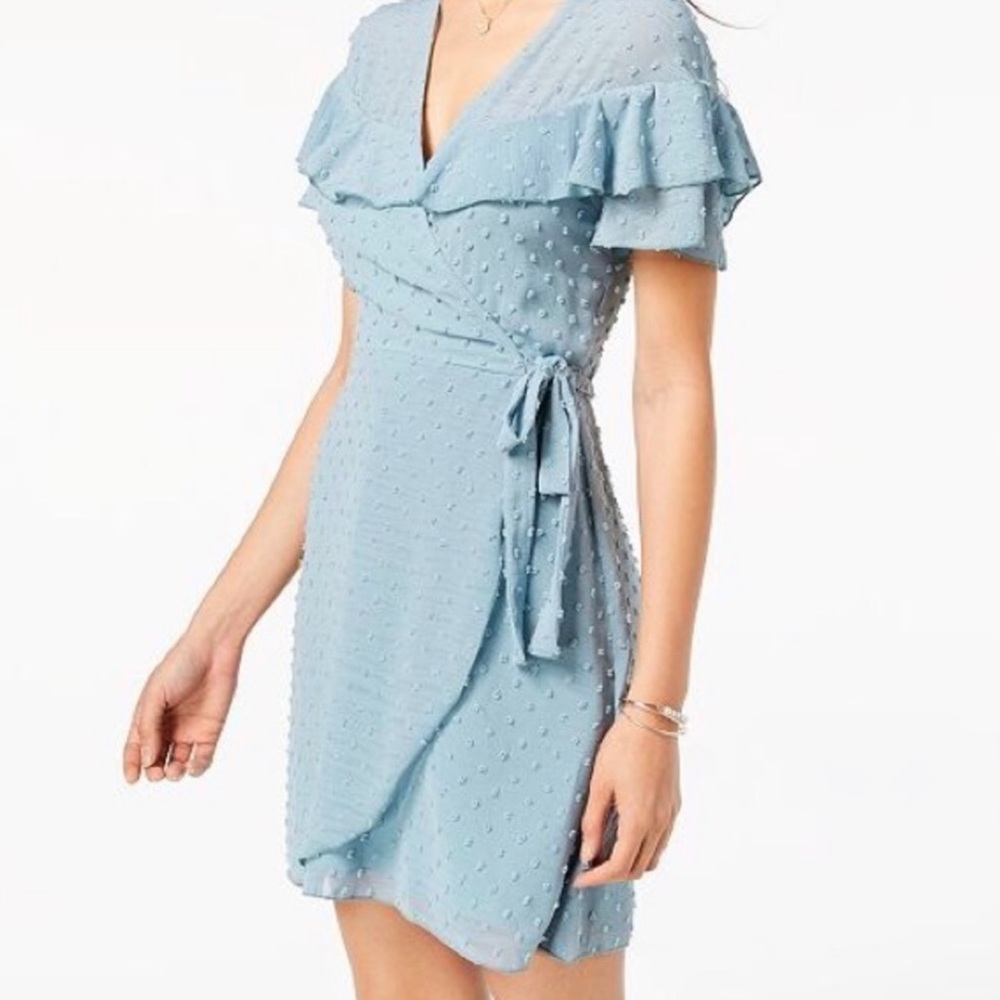 Macy’s Teeze Me Blue flutter sleeve Swiss dot embroidered faux wrap mini dress